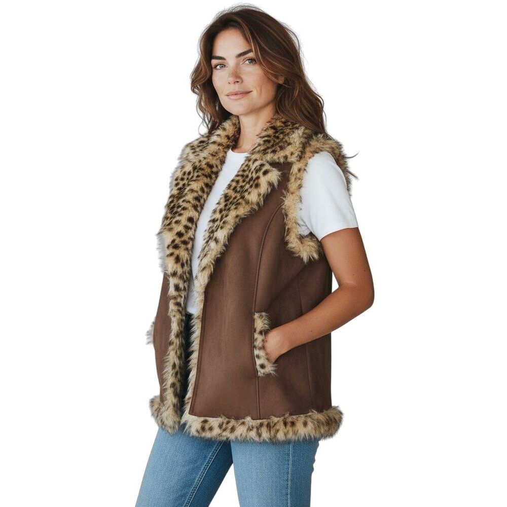 SPORT HALEY Faux Suede Leopard Faux Fur lining Vest size Medium front pockets